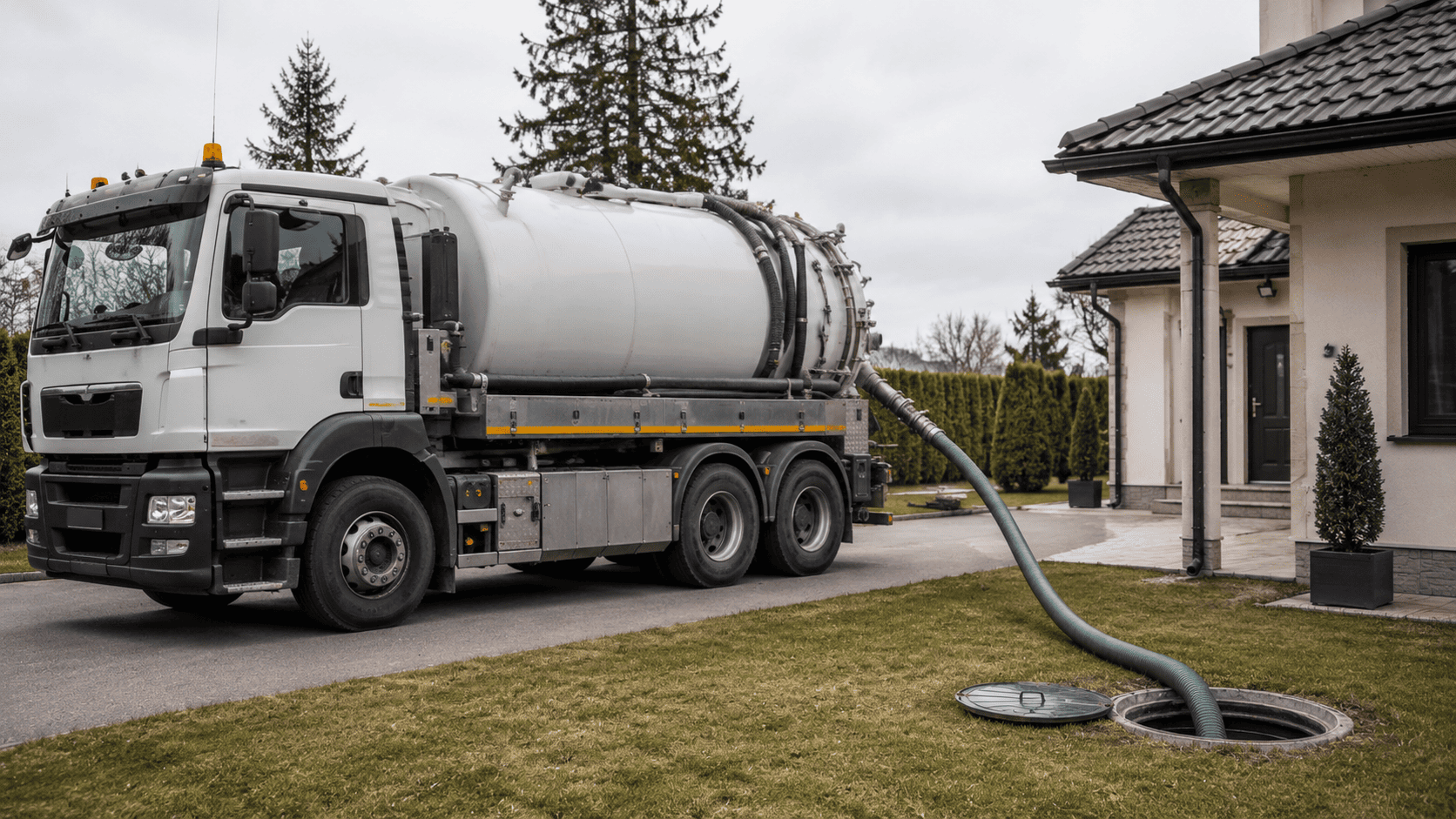 Camion d’assainissement réalisant un pompage de fosse septique